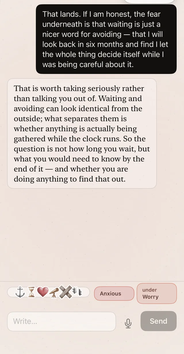 A real Inner Atlas conversation on iPhone, with a reflective reply beneath the person's entry.