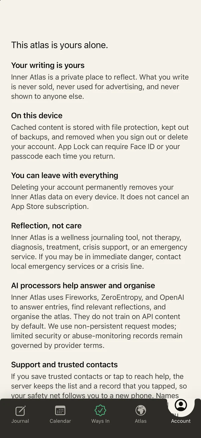The How your data is handled screen in Inner Atlas, opening with This atlas is yours alone.
