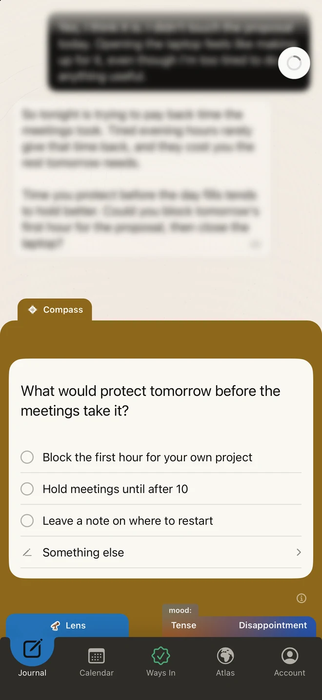 A Compass tool open under a reply in Inner Atlas, asking what would protect tomorrow before the meetings take it, with three options and Something else.