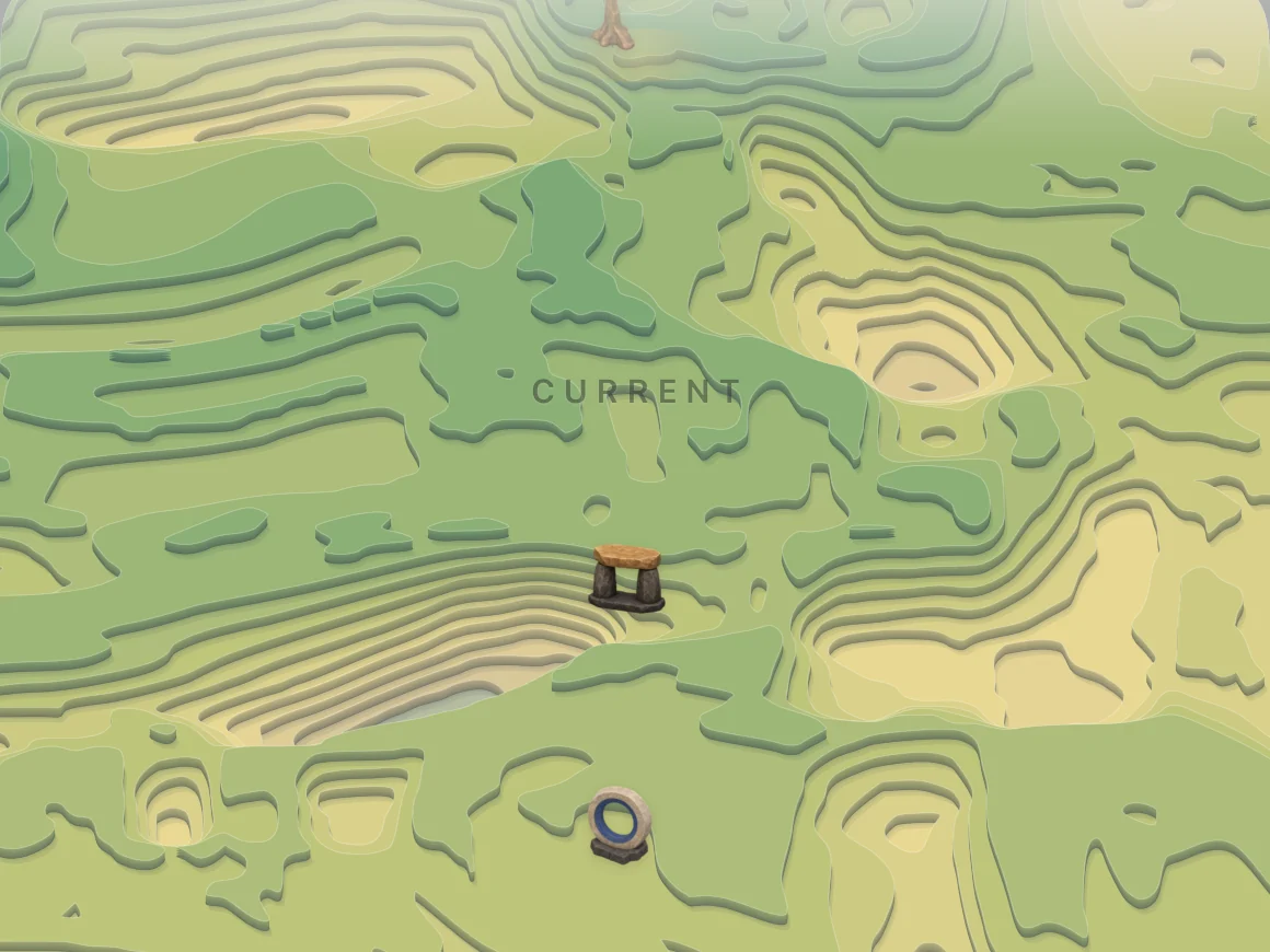 The World landscape in Inner Atlas running on iPad: the durable, angled terrain of who you're becoming.
