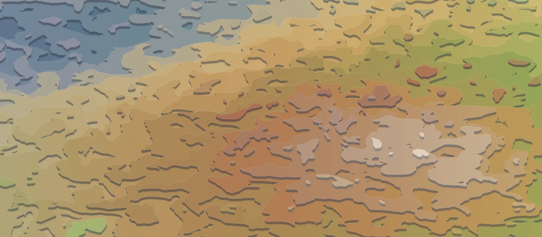 The World landscape in Inner Atlas: a durable terrain where different parts of a person settle into their own biomes, arranged left to right by whether they are being left behind, lived now, or moved toward.